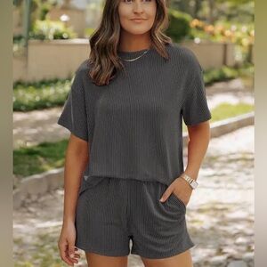 Women's Ribbed Short Sleeve 2 Piece Set in Dark Grey